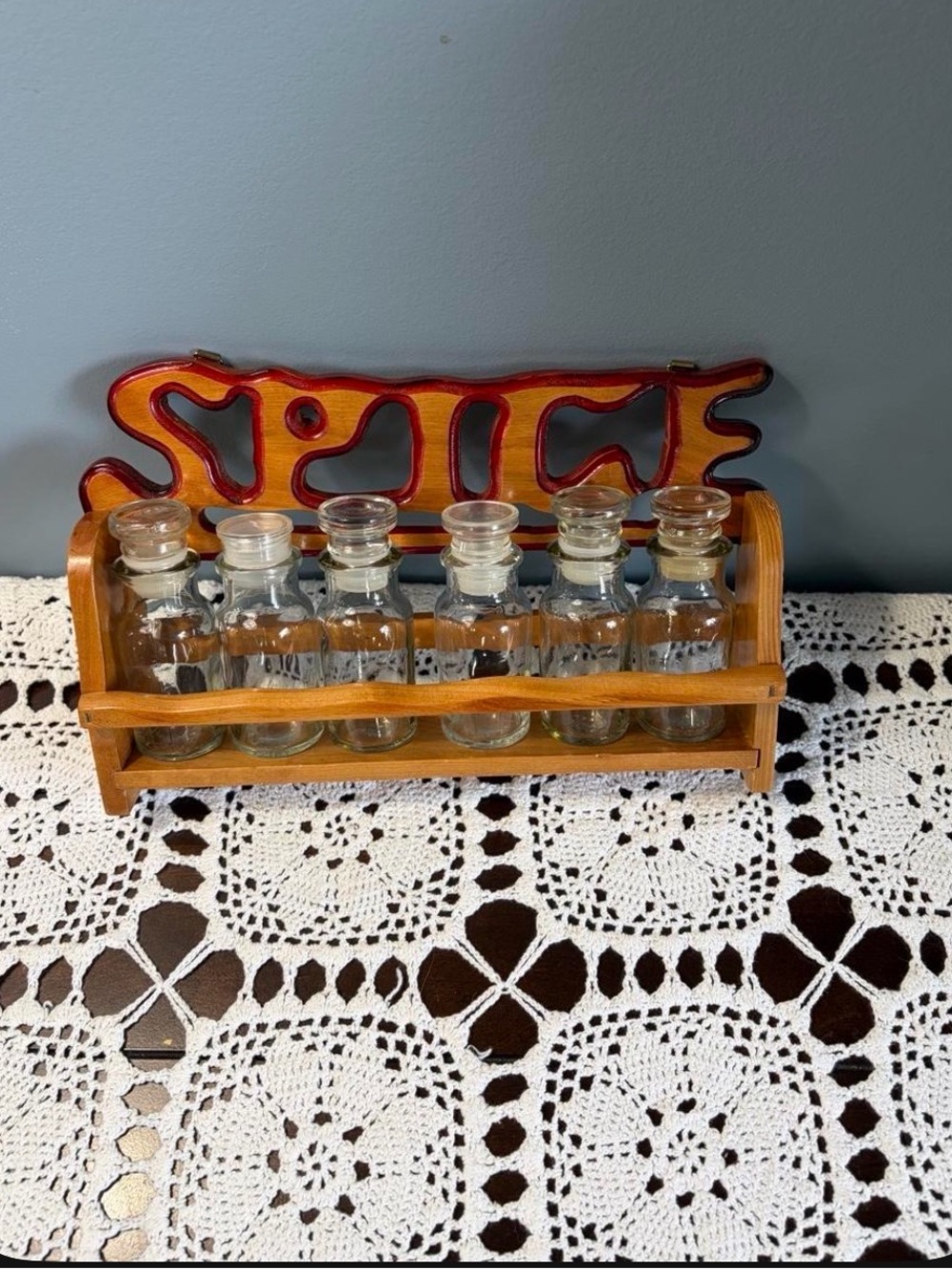 Source Unknown Wooden Spice Rack with Clear Glass Bottles - Brown and Clear